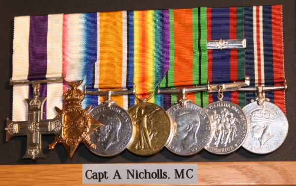 Medals awarded to Captain Arthur Nicholls, M.C., as displyed in The Royal Canadian Regiment Museum.
