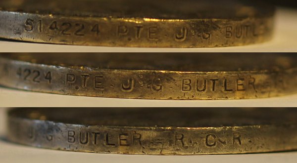 The naming on Pte Joseph Gray Butler's British War Medal.