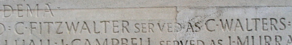 Corporal Charles Walters' name as engraved on the outer wall of the Vimy Memorial.