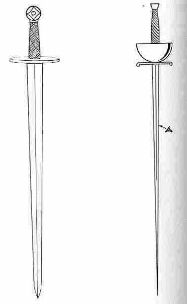 The massive, Teutonic type of sword used by the knights in the Middle Ages is shown on the left. On the right is the 16th Century rapier.