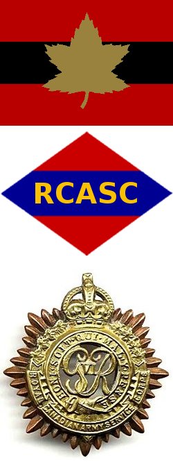 Top: Tactical sign for the 1st Canadian Army. Middle: Shoulder flash for RCASC personnel of the 1st Canadian Army. Bottom: Cap badge of the Royal Canadian Army Service Corps.